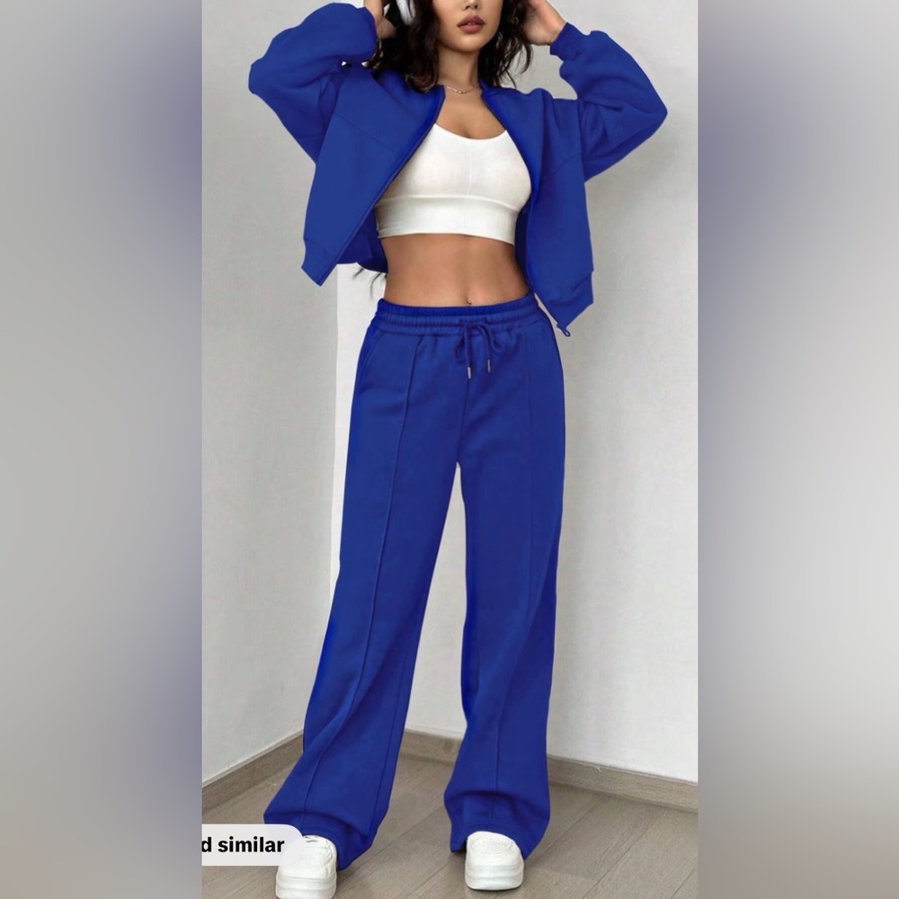Blue High-Waist Wide-Leg Track Pants